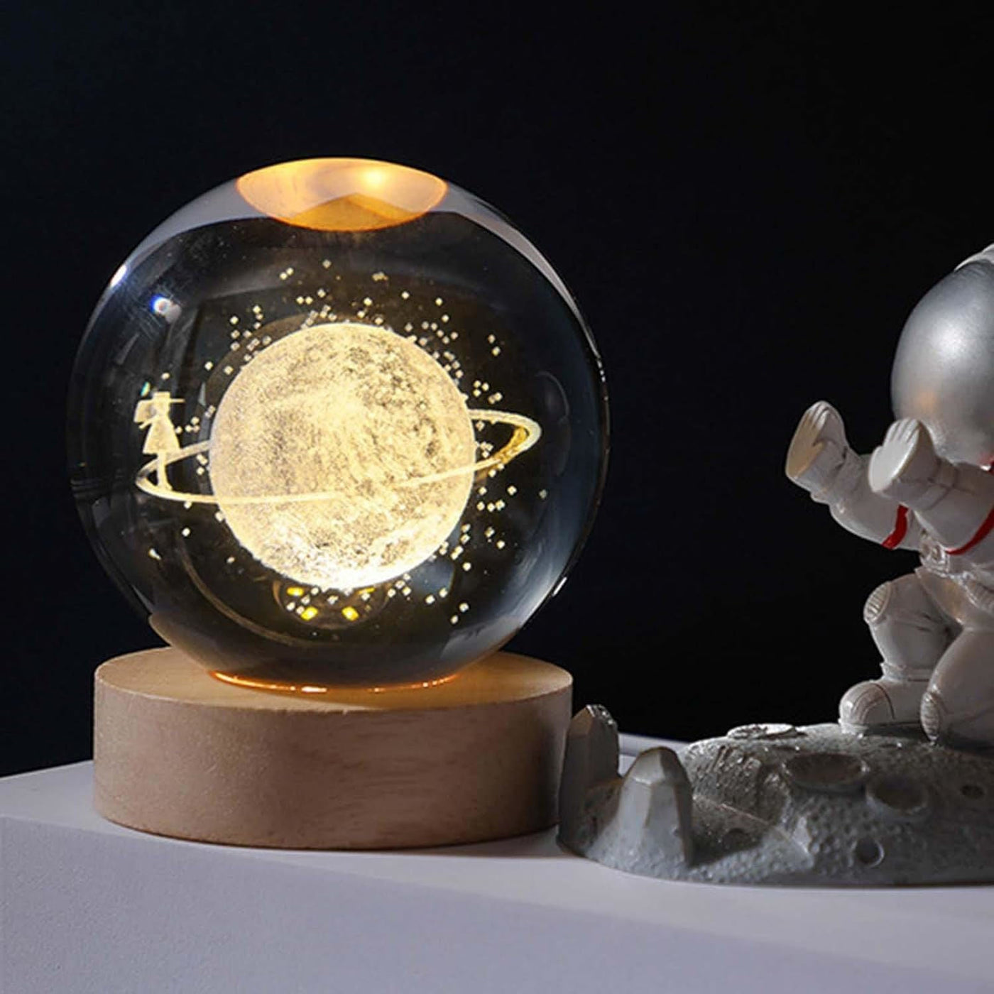 Astronaut 3D Crystal Ball Lamp | LED Night Light with Wooden Base | Space Galaxy Decoration