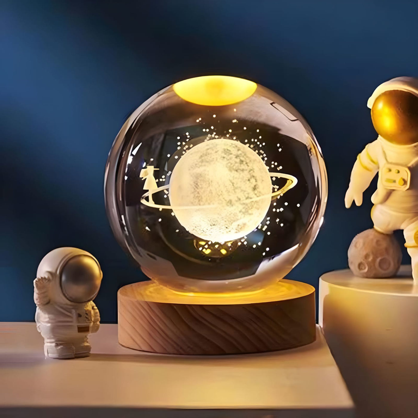Astronaut 3D Crystal Ball Lamp | LED Night Light with Wooden Base | Space Galaxy Decoration